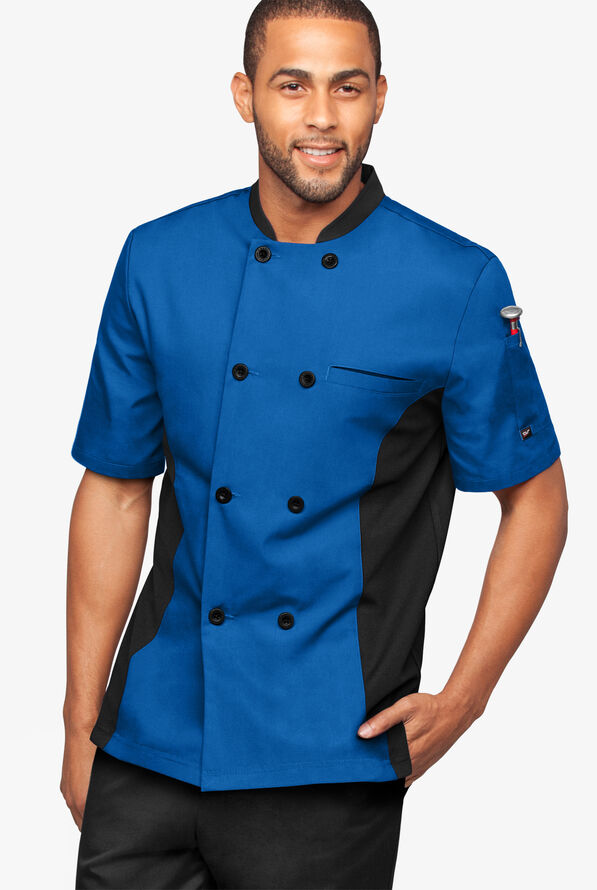 LIGHTWEIGHT Men's 2-Pocket Short Sleeve w/ Mesh Side Panels Chef Coat - Royal/Black - 1
