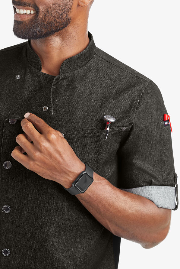 Industry Line Men's 2-Pocket Asymmetrical w/Tech Mesh Panels Roll Sleeves Denim Executive Chef Coat - Black Denim - 3
