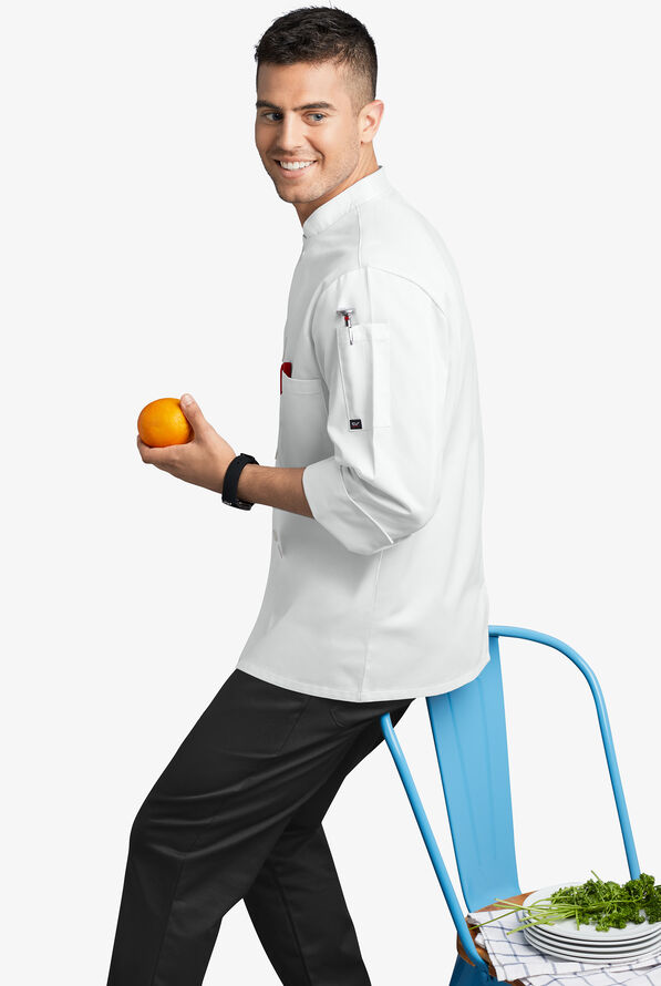 On The Line by ChefUniforms.com Men's 2-Pocket Reversible Double Breasted 3/4 Sleeve Chef Coat - White - 4