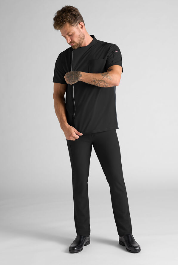 CHEF PERFORMANCE Men's 3- Pocket Asymmetrical Zippered Recycled Fabric Chef Coat - Black/Pewter - 3