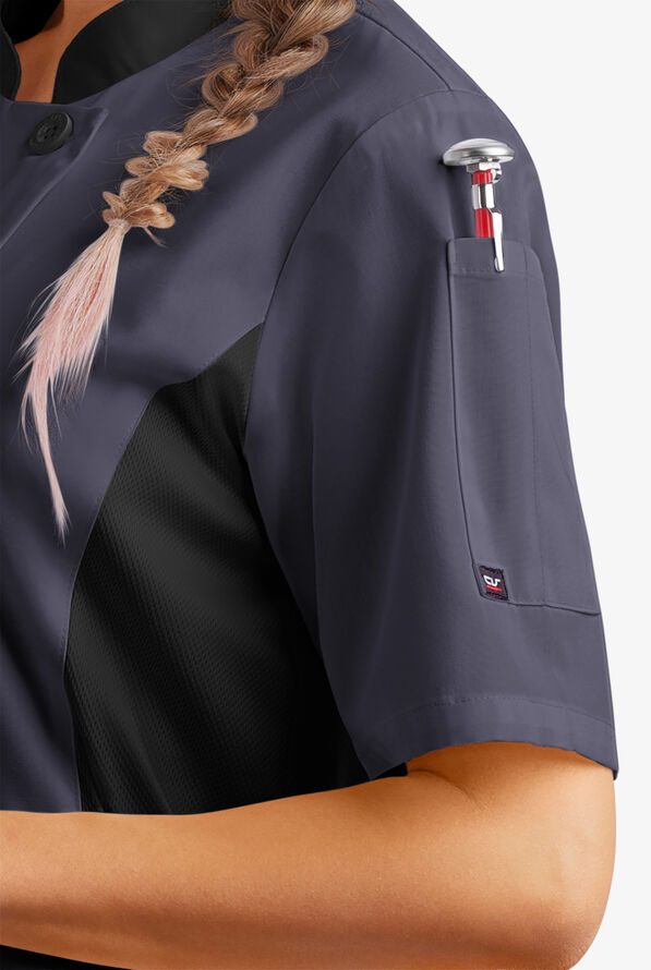 LIGHTWEIGHT Women's Short Sleeve 1-Pocket Tech Mesh Side Panel Chef Coat - Granite/Black - 3