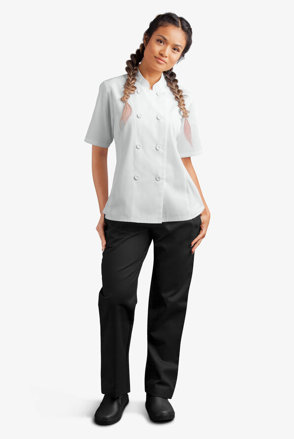 LIGHTWEIGHT Women's Short Sleeve 1-Pocket Tech Mesh Side Panel Chef Coat - White - 5