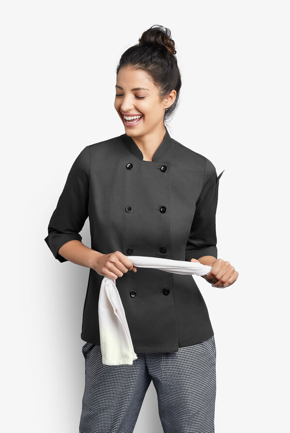 On The Line Women's 1-Pocket Reversible Double Breasted Closure 3/4 Sleeve Chef Coat - Black - 4