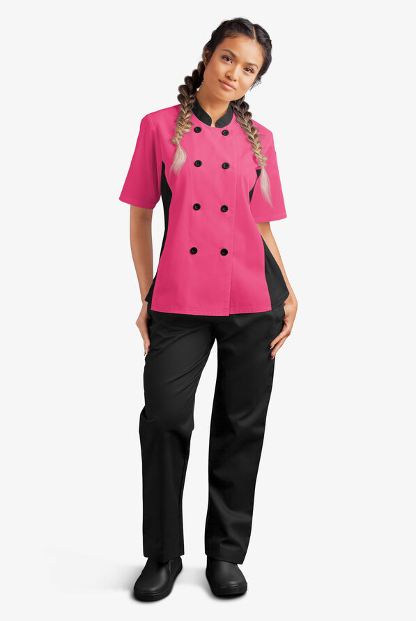 LIGHTWEIGHT Women's Short Sleeve 1-Pocket Tech Mesh Side Panel Chef Coat - Fuchsia/Black - 5