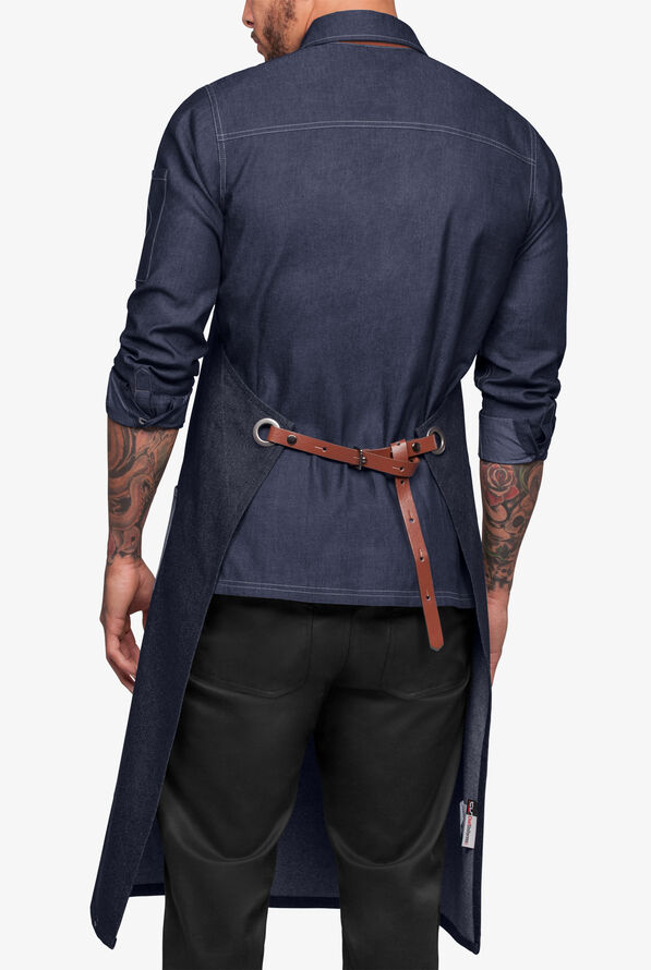 Industry Line Premium Denim Unisex 5-Pocket Adjustable Bib Chef Apron - Blue Denim/Railroad Stripe - 2