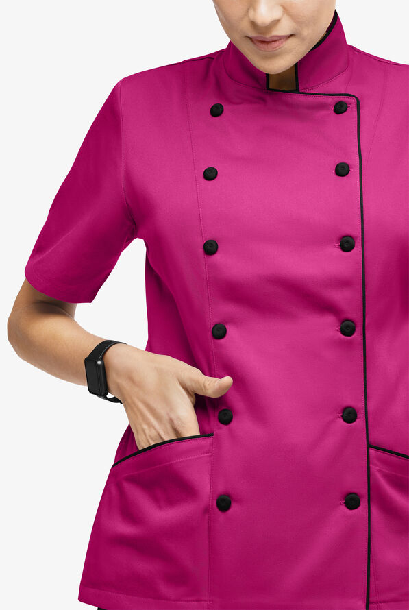 Chef Uniforms Women's 3-Pocket Short Sleeve Executive Chef Coat - Hot Pink/Black - 4