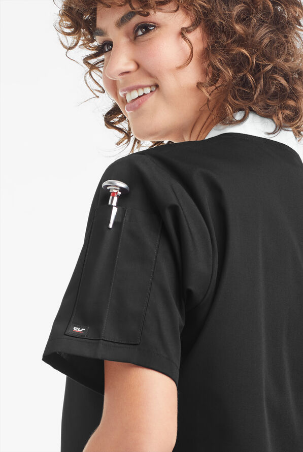 LIGHTWEIGHT Women's 1-Pocket Short Sleeve Double Breasted Chef Coat - Black/White - 3