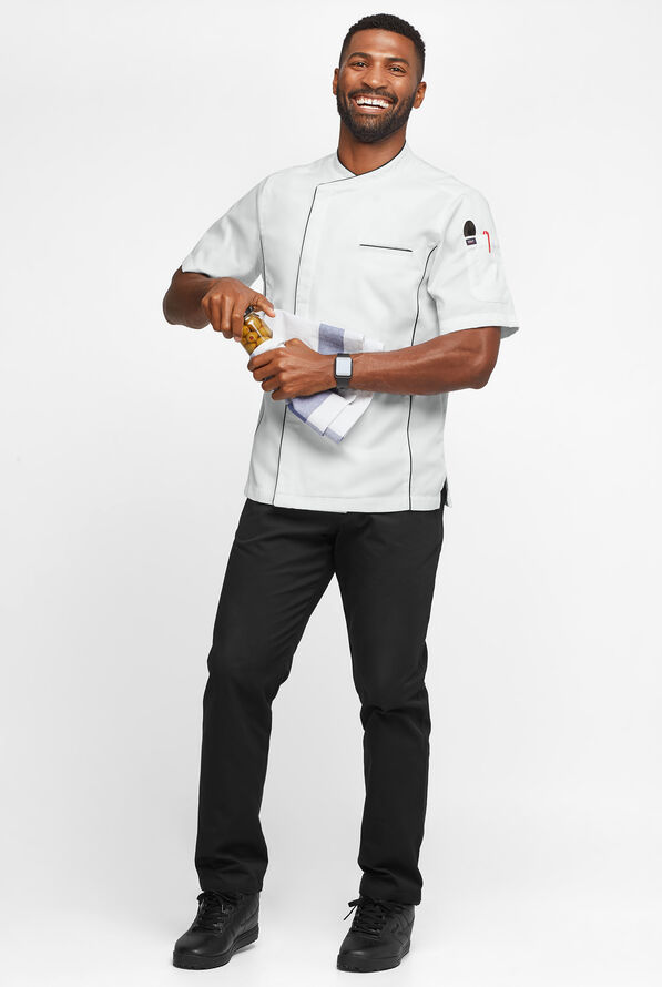 Chef Uniforms Men's 2-Pocket Short Sleeve Snap Closure with MESH Back Panels Executive Chef Coat - White/Black - 4