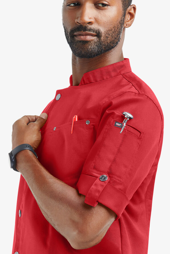 Industry Line Men's 2-Pocket Roll Sleeve with Tech Mesh Back Panel Asymmetrical Executive Chef Coat - True Red - 3