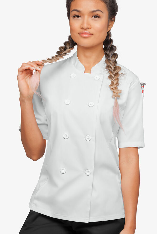 LIGHTWEIGHT Women's Short Sleeve 1-Pocket Tech Mesh Side Panel Chef Coat - White - 4