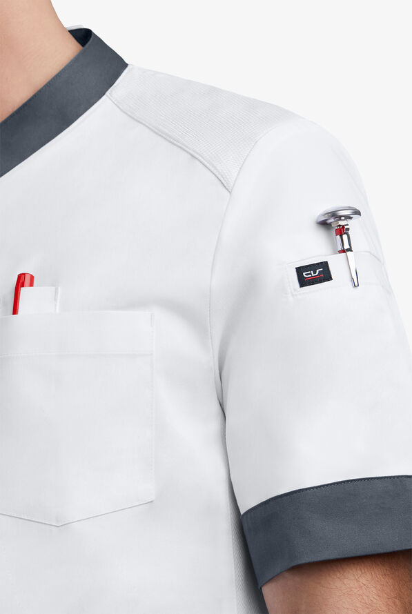 CHEF 360 Men's 5-Pocket Short Sleeve Mesh Panel STRETCH Executive Chef Coat - White/Pewter - 4