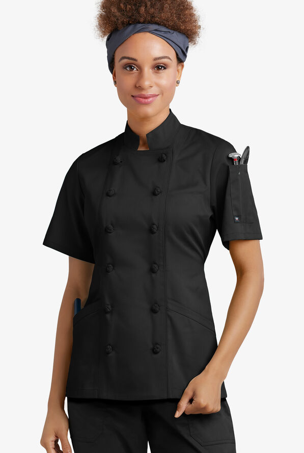 Chaqueta manga corta de gastronomía con 3 bolsillos y botones de tela anudada para mujer - Black - 1