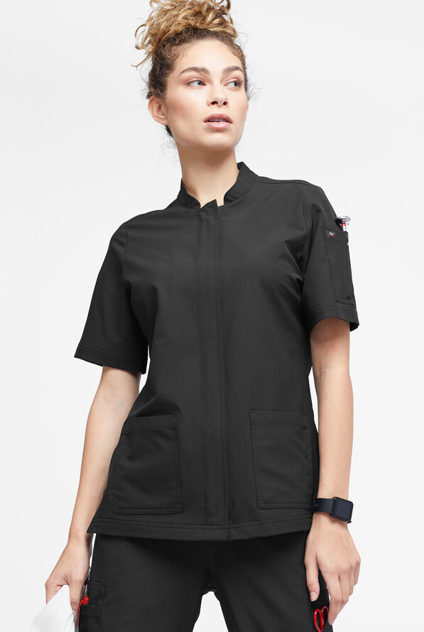 CHEF PERFORMANCE Women's 4-Pocket STRETCH Zipper Closure Chef Coat - Black/Pewter - 1