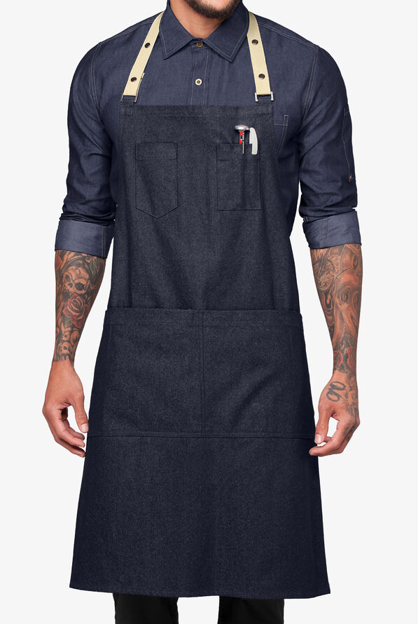 Industry Line Premium Denim w/ Removable Straps Unisex 2-Pocket Adjustable Bib Chef Apron - Blue Denim - 1