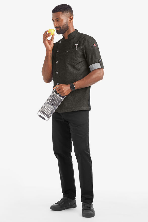 Industry Line Men's 2-Pocket Asymmetrical w/Tech Mesh Panels Roll Sleeves Denim Executive Chef Coat - Black Denim - 4