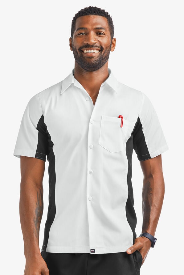 Camisa manga corta de gastronomía Versa de 65/35 poliéster/algodón con botones y 1 bolsillo para hombre - White/Black - 1