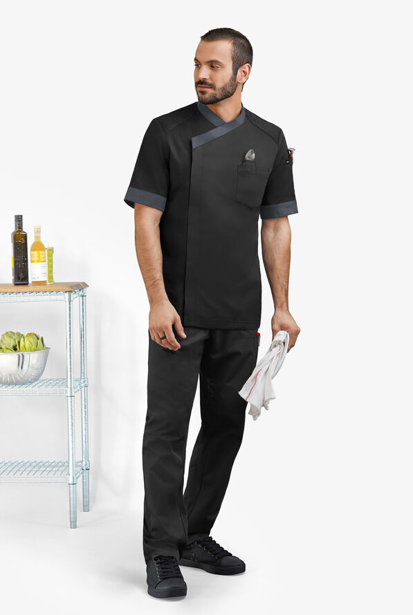 CHEF 360 Men's 5-Pocket Short Sleeve Mesh Panel STRETCH Executive Chef Coat - Black/Pewter - 4