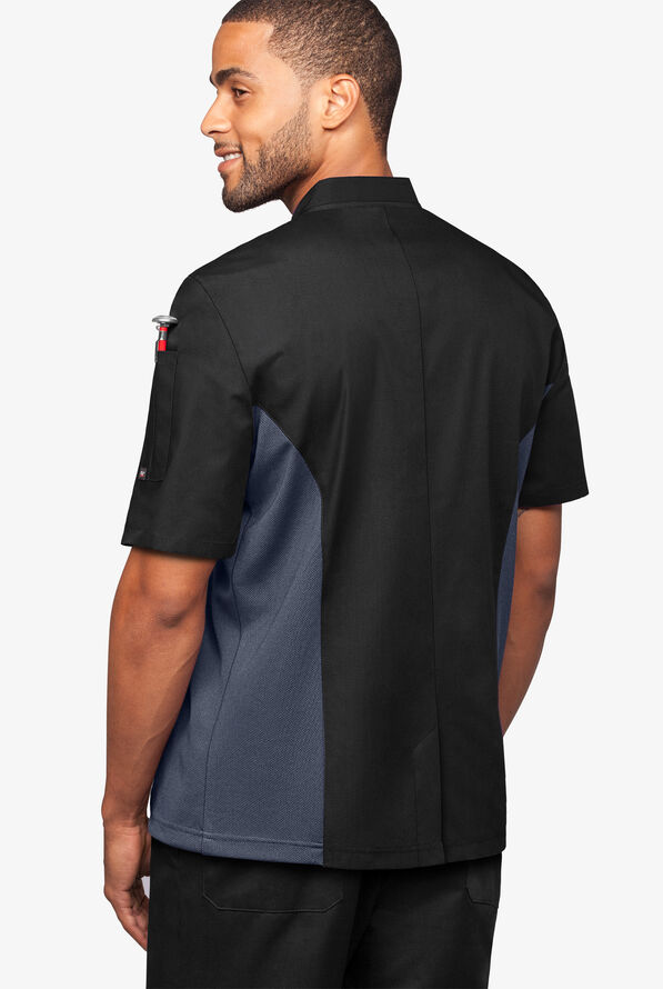 LIGHTWEIGHT Men's 2-Pocket Short Sleeve w/ Mesh Side Panels Chef Coat - Black/Granite - 2