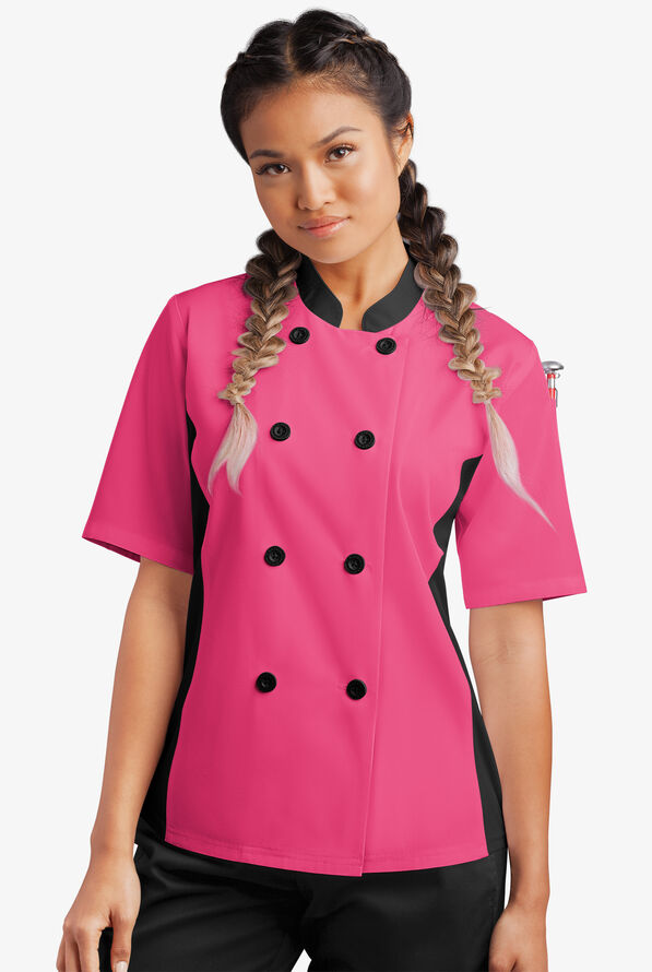 Chaqueta de gastronomía con mangas cortas y paneles de malla para mujer - Fuchsia/Black - 1