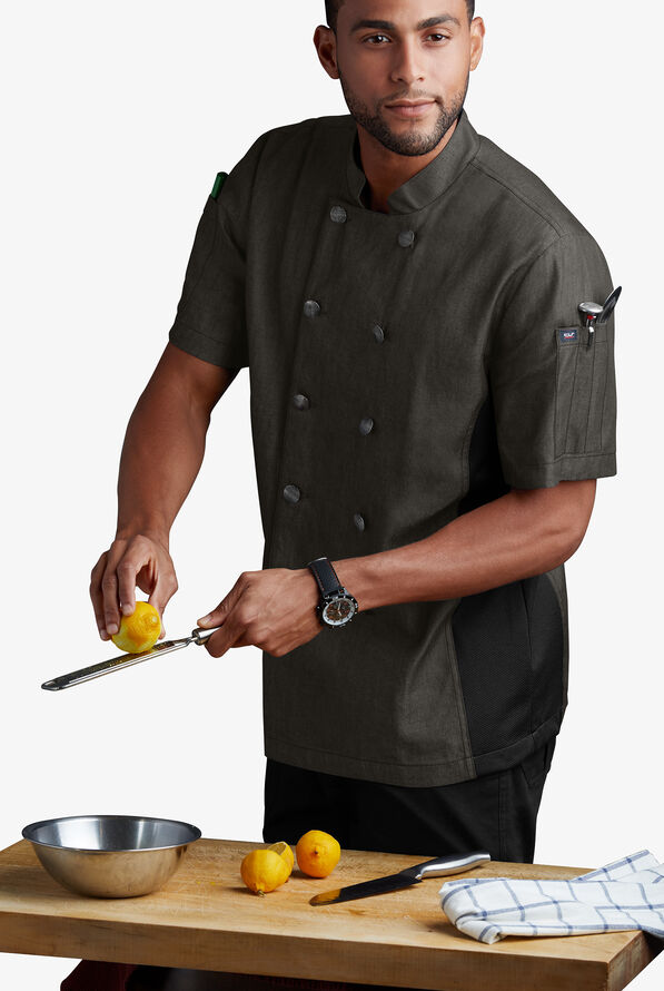 Industry Line Men's 2-Pocket Short Sleeve w/Tech Mesh Side Panels Chambray Chef Coat - Black - 4