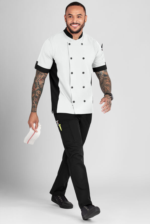 CHEF PERFORMANCE Men's 1-Pocket w/ hidden MESH Back Vent Snap Closure STRETCH Chef Coat - White/Black - 4