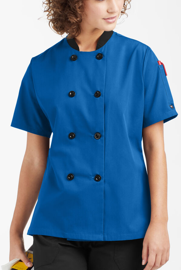 LIGHTWEIGHT Women's 1-Pocket Short Sleeve Double Breasted Chef Coat - Royal/Black - 5