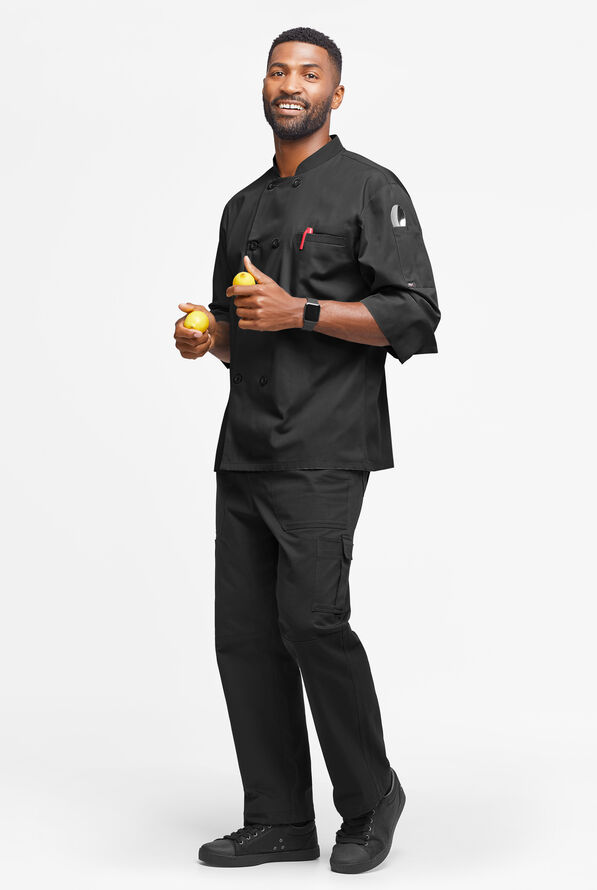 LIGHTWEIGHT Men's 2-Pocket 3/4 Sleeve w/ Plastic Buttons Chef Coat - Black - 4