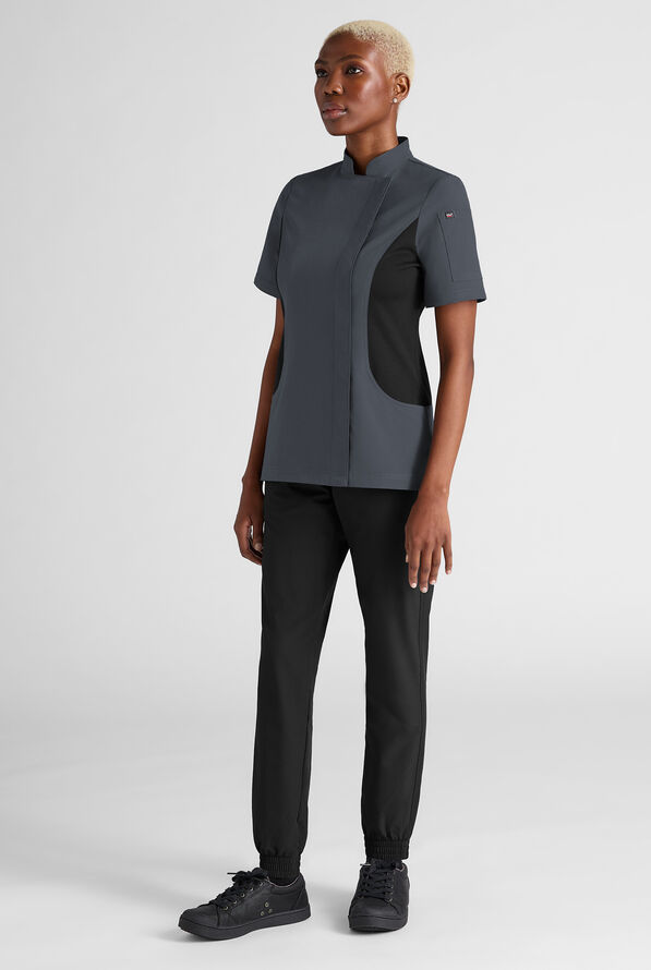 CHEF PERFORMANCE- Women's Short Sleeve with Mesh Panels STRETCH Chef Coat - Pewter/Black - 3