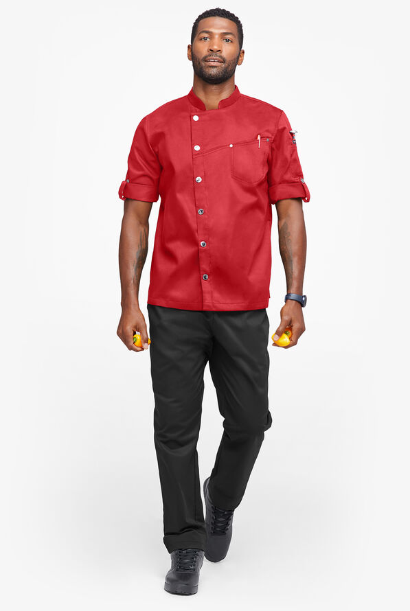Industry Line Men's 2-Pocket Roll Sleeve with Tech Mesh Back Panel Asymmetrical Executive Chef Coat - True Red - 4
