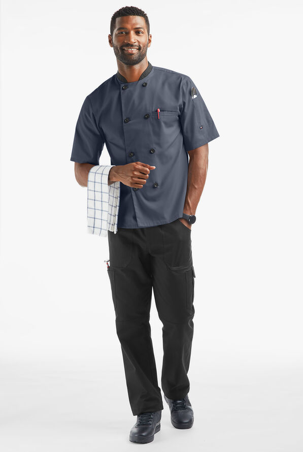 LIGHTWEIGHT Men's Double Breasted w/ Plastic Buttons Chef Coat - Granite/Black - 4