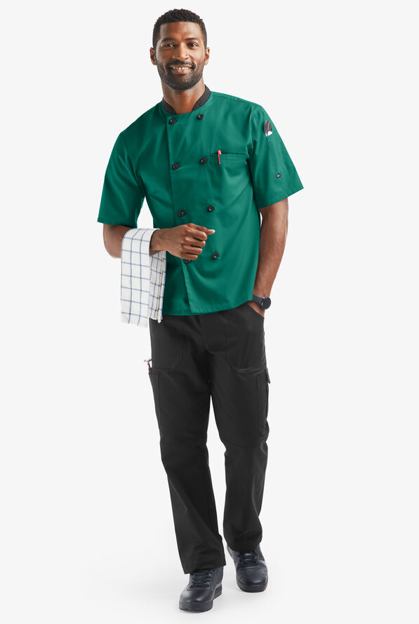 LIGHTWEIGHT Men's Double Breasted w/ Plastic Buttons Chef Coat - Hunter/Black - 4