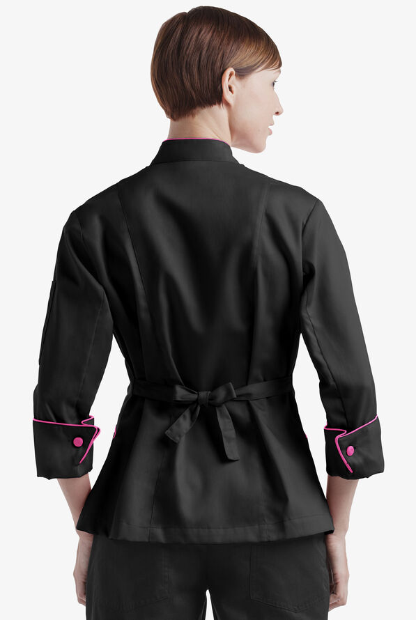 Traditional w/ Piping Women's 3-Pocket 3/4 Sleeve w/ Fabric Covered Buttons Chef Coat - Black/Hot Pink - 2
