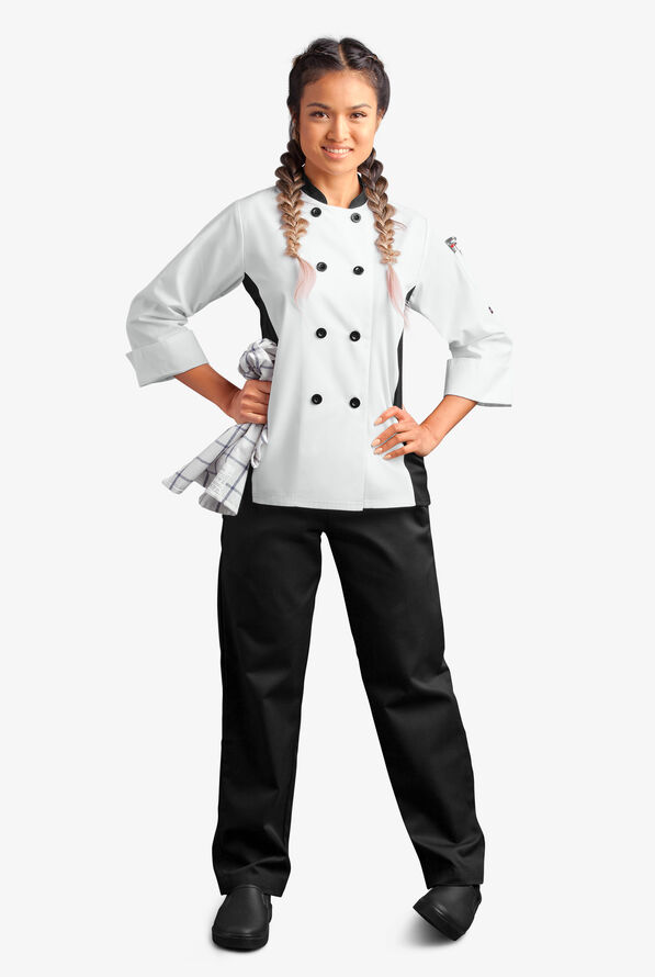 LIGHTWEIGHT  Women's 1-Pocket 3/4 Sleeve Tech Mesh Side Panel Chef Coat - White/Black - 6