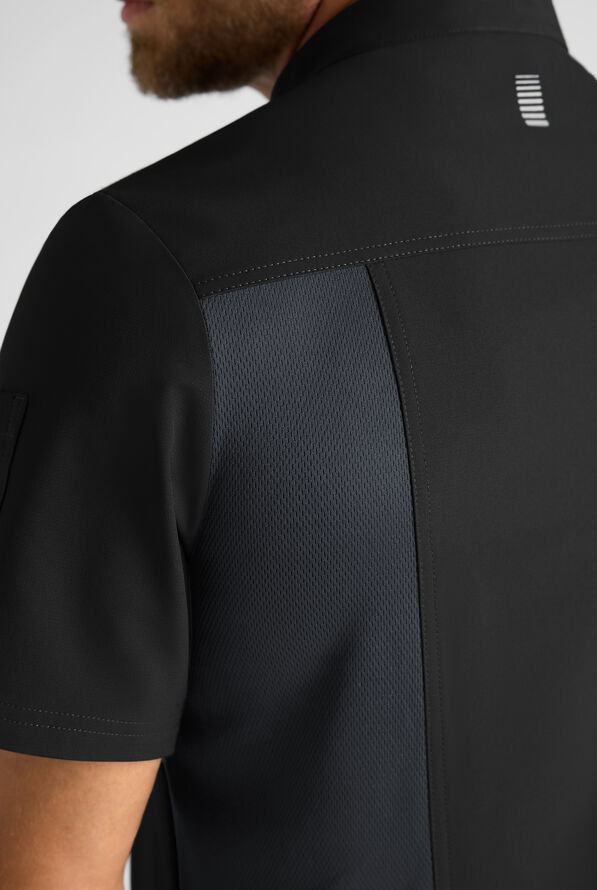 CHEF PERFORMANCE Men's 3- Pocket Asymmetrical Zippered Recycled Fabric Chef Coat - Black/Pewter - 6