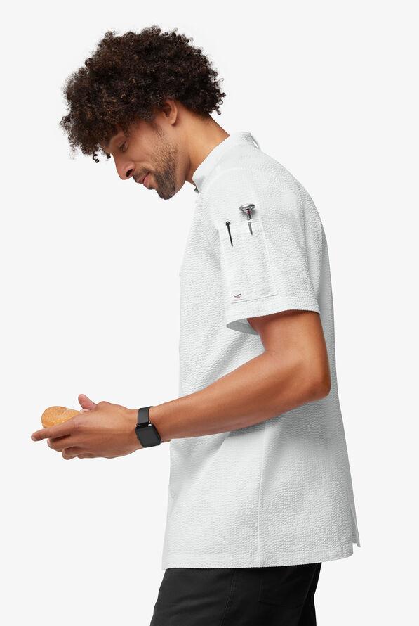 Chef Uniforms Men's Short Sleeve Stretch Seersucker Reversible Double Breasted Coat - White - 3