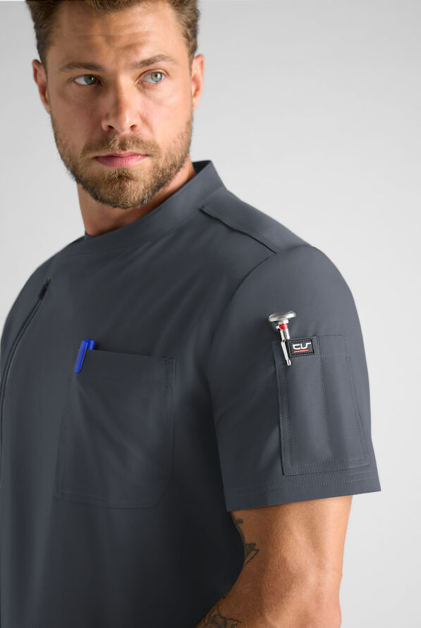 CHEF PERFORMANCE Men's 3- Pocket Asymmetrical Zippered Recycled Fabric Chef Coat - Pewter/Black - 5