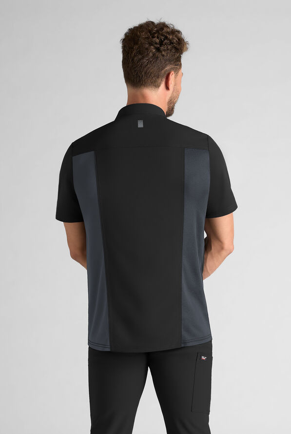 CHEF PERFORMANCE Men's 3- Pocket Asymmetrical Zippered Recycled Fabric Chef Coat - Black/Pewter - 2