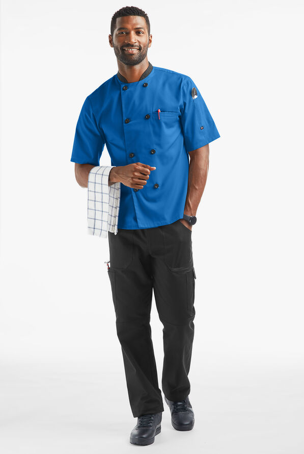 LIGHTWEIGHT Men's Double Breasted w/ Plastic Buttons Chef Coat - Royal/Black - 4