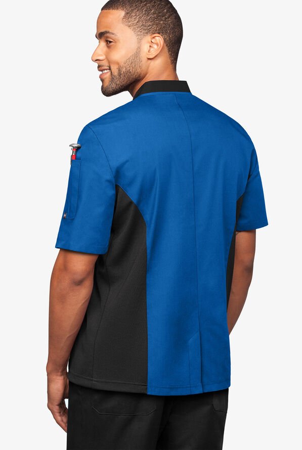 LIGHTWEIGHT Men's 2-Pocket Short Sleeve w/ Mesh Side Panels Chef Coat - Royal/Black - 2