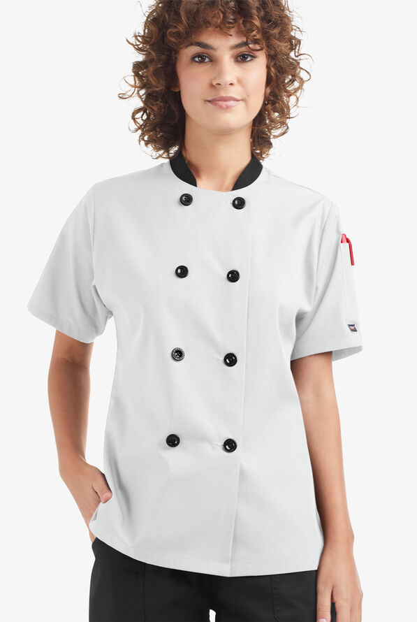 Chaqueta manga corta de gastronomía con doble abotonadura y 1 bolsillo para mujer - White/Black - 1
