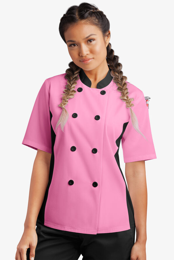 Chaqueta de gastronomía con mangas cortas y paneles de malla para mujer - Pink/Black - 1