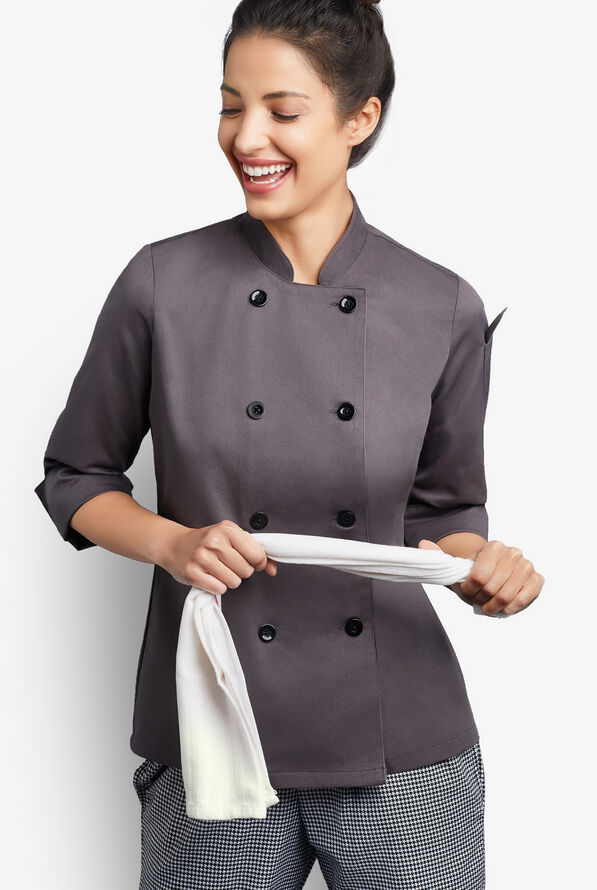 On The Line Women's 1-Pocket Reversible Double Breasted Closure 3/4 Sleeve Chef Coat - Pebble Grey - 5