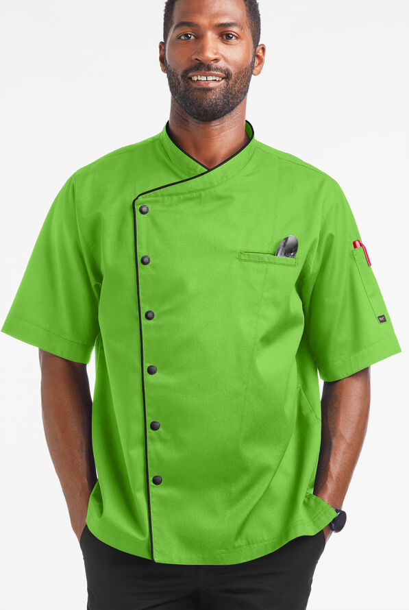 Chaqueta manga corta de gastronomía de corte clásico con botones a presión y 2 bolsillos para hombre - Apple Green/Black - 1
