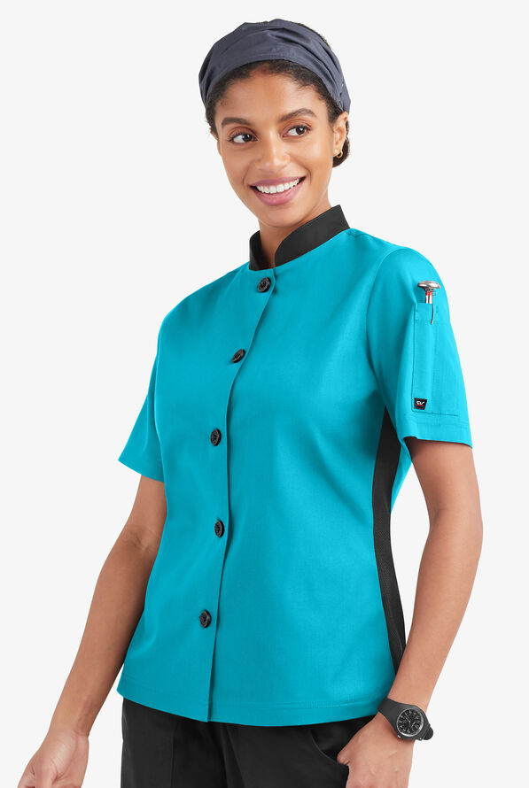 LIGHTWEIGHT Women's Short Sleeve Single Breasted w/MESH Rear Side Panels Chef Coat - Turquoise/Black - 1