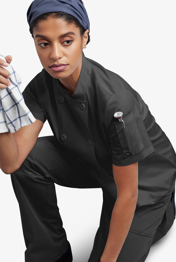 CHEF 360 Women's 1-Pocket Short Sleeve Reversible Double Breasted STRETCH Executive Chef Coat - Black - 7