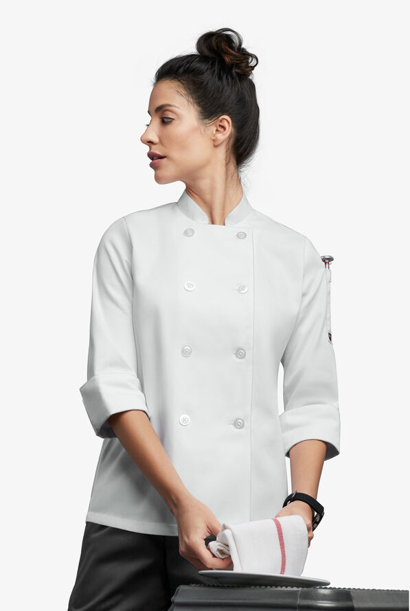 On The Line Women's 1-Pocket Reversible Double Breasted Closure 3/4 Sleeve Chef Coat - White - 3
