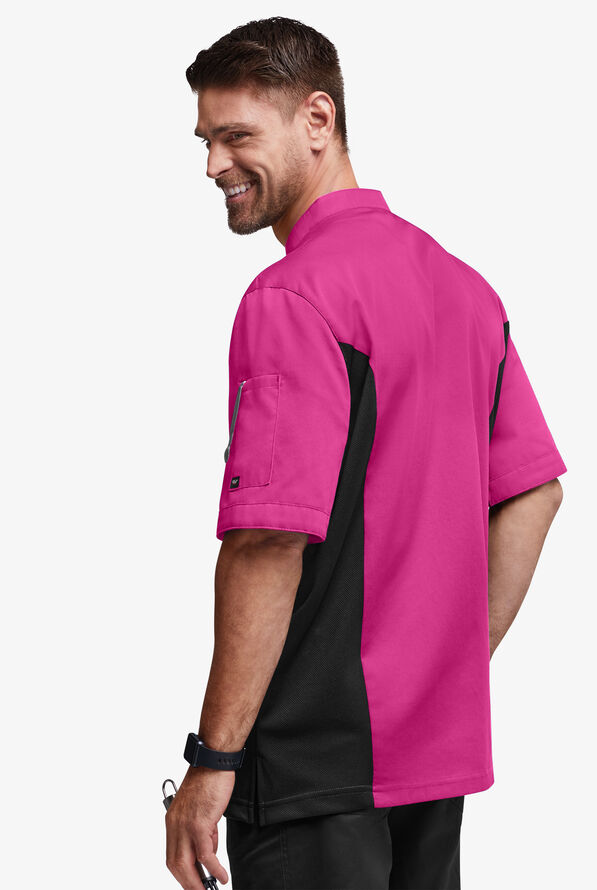 Chef Uniforms Men's 2-Pocket Short Sleeve Snap Front Closure w/ Mesh Side Panels Executive Chef Coat - Hot Pink/Black - 4