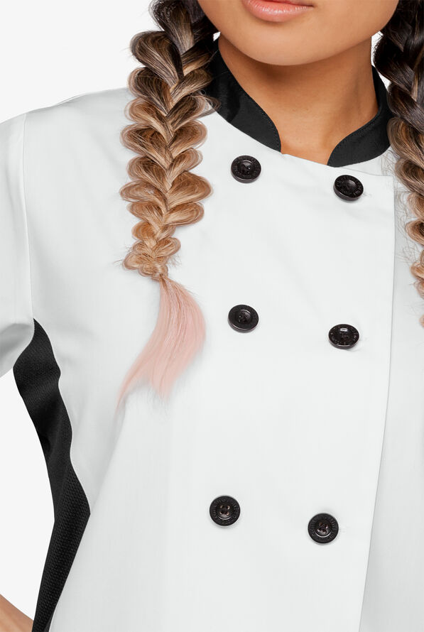 LIGHTWEIGHT  Women's 1-Pocket 3/4 Sleeve Tech Mesh Side Panel Chef Coat - White/Black - 3