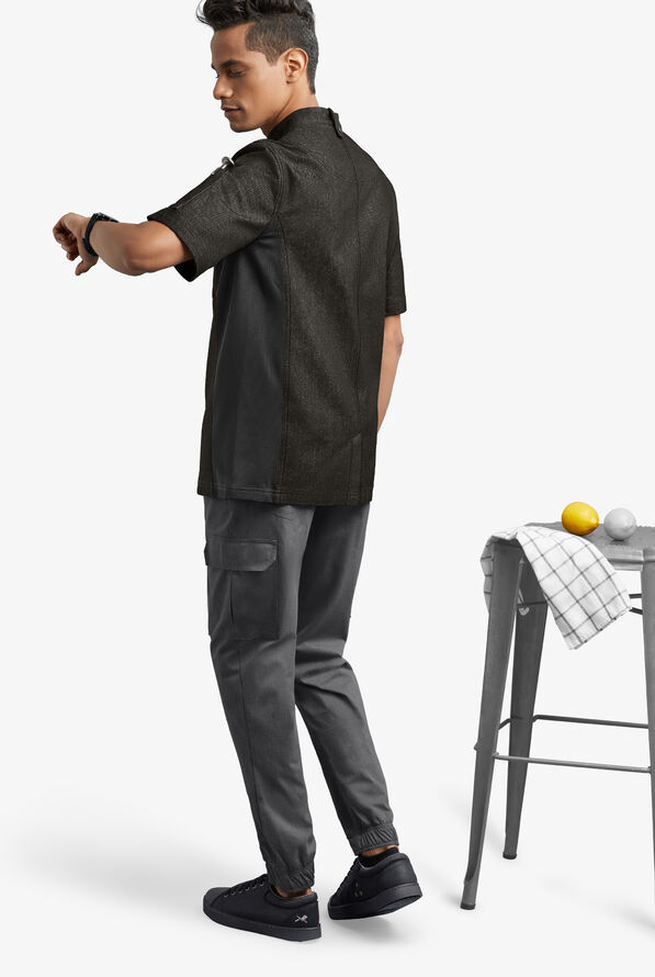 Chaqueta manga corta de gastronomía Industry Line de tela vaquera con doble abotonadura y paneles de malla para hombre - Black Denim/Black - 2