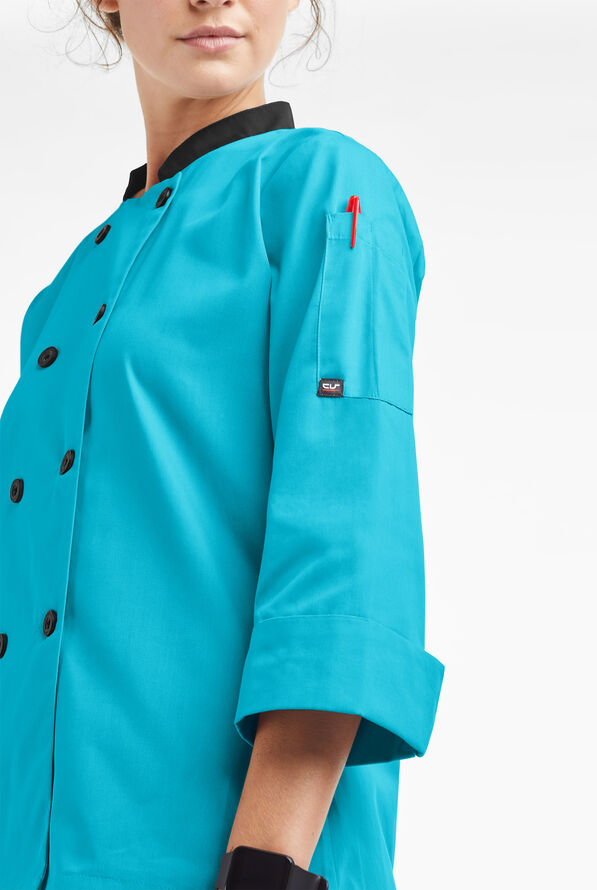 LIGHTWEIGHT Women's 3/4 Sleeve w/ Plastic Buttons Chef Coat - Turquoise/Black - 3